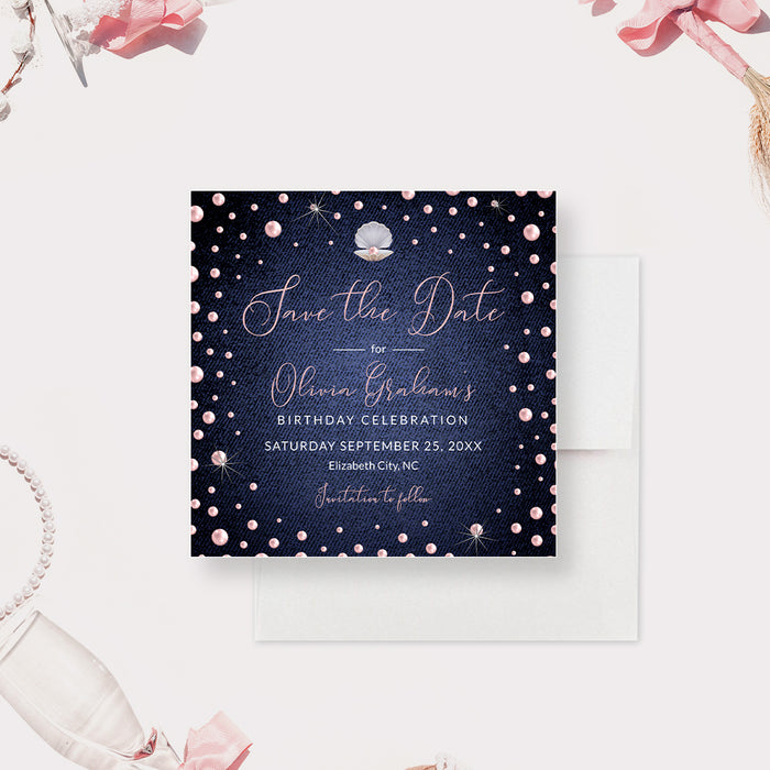 Denim and Pearls Save the Date Card for Elegant 40th 50th 60th Birthday Celebration with Pink Pearls, Company Event Save the Dates