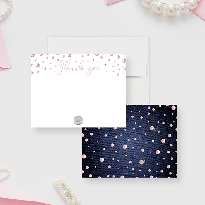 Denim and Pearls Note Cards for Elegant Birthday Celebration, Stationery for Women with Pink Pearls, Unique Thank You Cards for Corporate Events