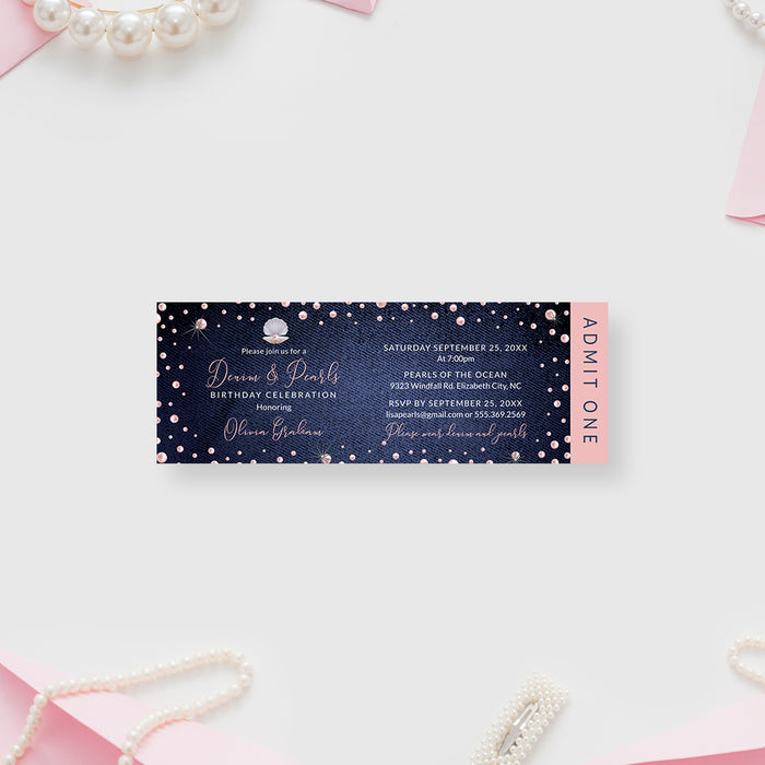 Denim and Pearls Party Ticket Invitation, Denim Ticket Card for 30th 40th 50th Milestone Birthday with Pink Pearls, Gala Party Invites, Pearl Themed Corporate Dinner Events