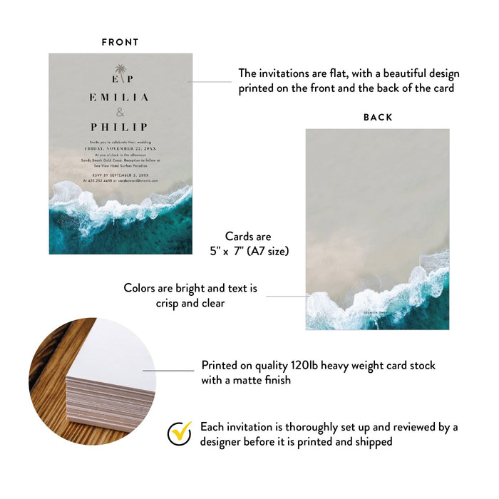 Beach Wedding Invitation Card, Modern Invitation for Destination Wedding, Tropical Wedding Invitation with Ocean Waves, Coastal Wedding Invitations