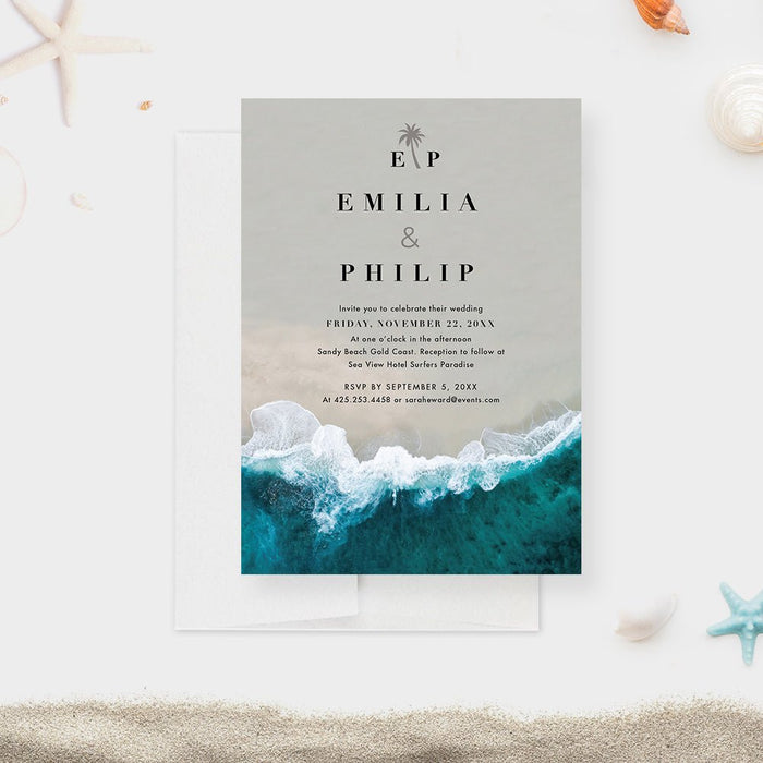 Beach Wedding Invitation Card, Modern Invitation for Destination Wedding, Tropical Wedding Invitation with Ocean Waves, Coastal Wedding Invitations