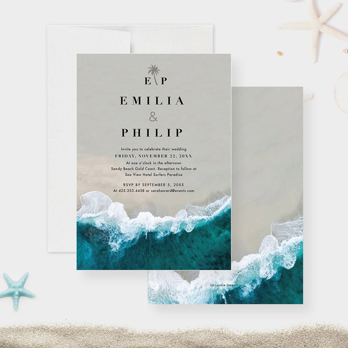 Beach Wedding Invitation Card, Modern Invitation for Destination Wedding, Tropical Wedding Invitation with Ocean Waves, Coastal Wedding Invitations