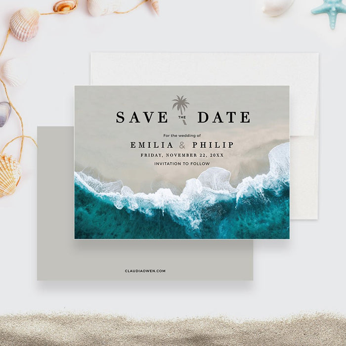 Beach Wedding Invitation Set Template, Sea Save The Date Card and RSVP, Nautical Wedding Invites Digital Download, Sandy Beach Wedding Suite with Palm Trees, Ocean Wedding Cards