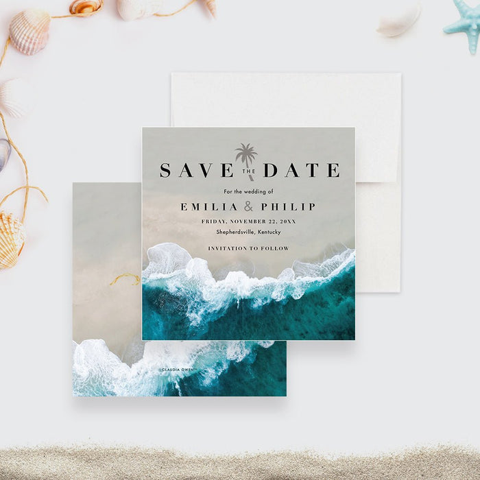 Beach Wedding Invitation Card, Modern Invitation for Destination Wedding, Tropical Wedding Invitation with Ocean Waves, Coastal Wedding Invitations