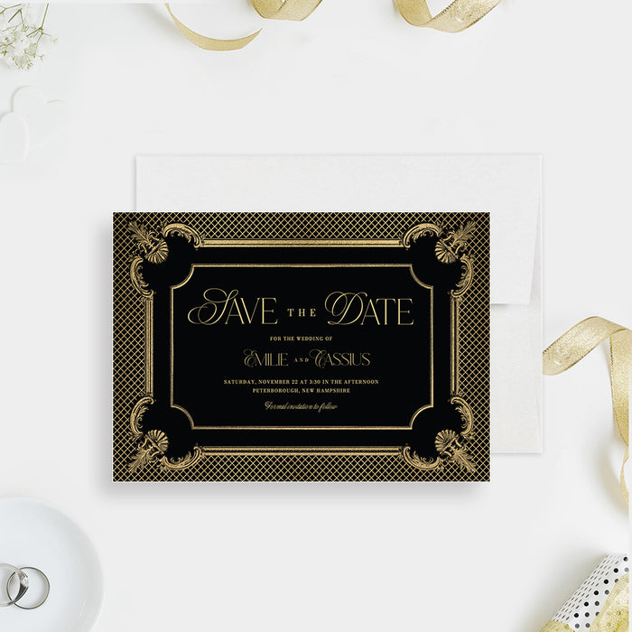 Gold and Black Wedding Save the Date Card, Elegant Pre Invitation Card for Wedding Anniversary Party, Classic Wedding Reminder Card