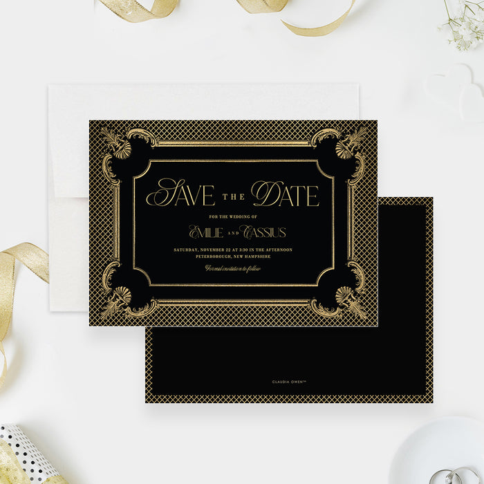 Gold and Black Wedding Save the Date Card, Elegant Pre Invitation Card for Wedding Anniversary Party, Classic Wedding Reminder Card