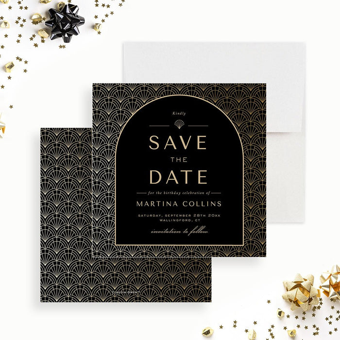 1920s Themed Birthday Save the Date Cards, Great Gatsby Birthday Save the Date, Art Deco Save the Dates, Personalized Roaring 20s Save Our Date Card in Black and Gold