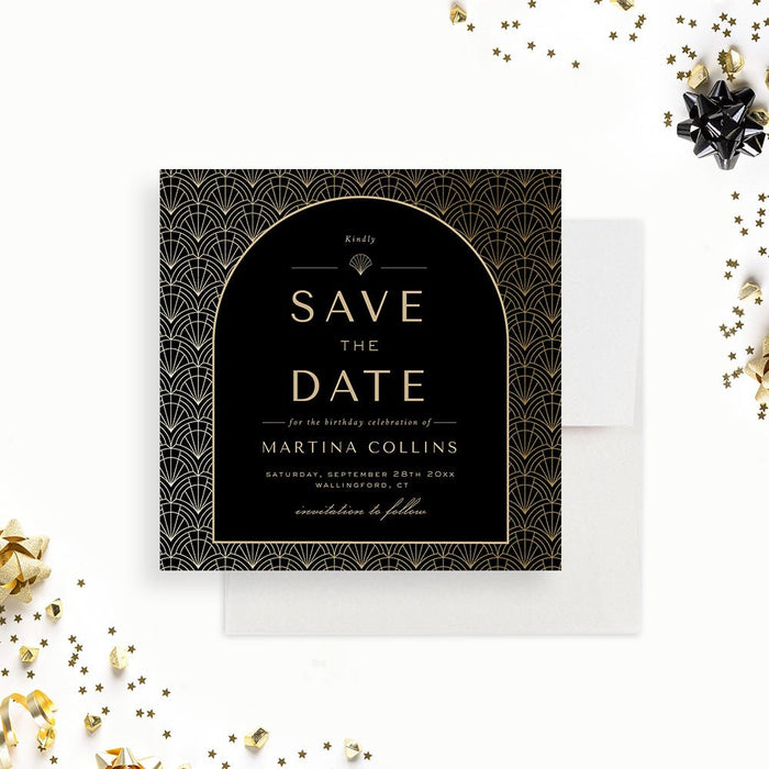 1920s Themed Birthday Save the Date Cards, Great Gatsby Birthday Save the Date, Art Deco Save the Dates, Personalized Roaring 20s Save Our Date Card in Black and Gold