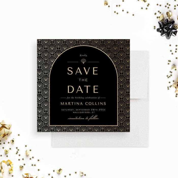 1920s Themed Birthday Save the Date Cards, Great Gatsby Birthday Save the Date, Art Deco Save the Dates, Personalized Roaring 20s Save Our Date Card in Black and Gold