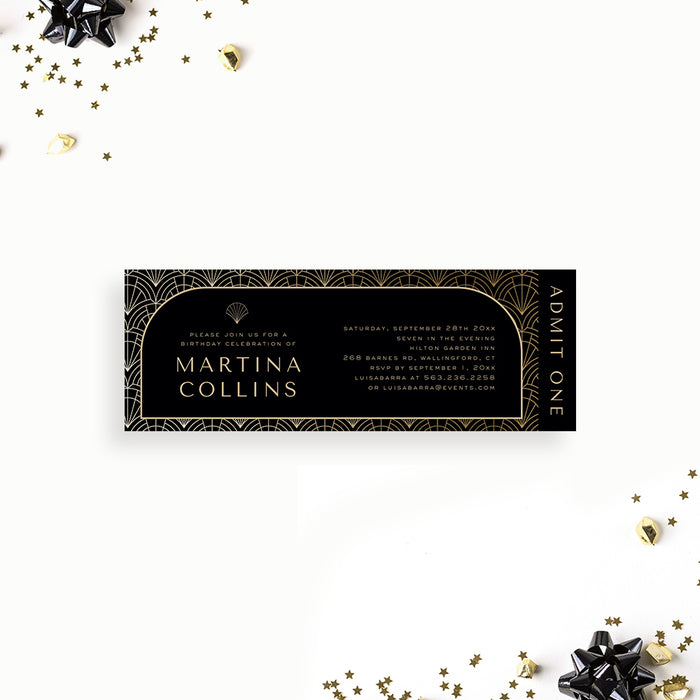 Art Deco Ticket Invitation for Birthday Party in Gold and Black, Elegant Ticket for 1920s Themed Event, Art Nouveau Ticket Invitations, Roaring '20s Celebration