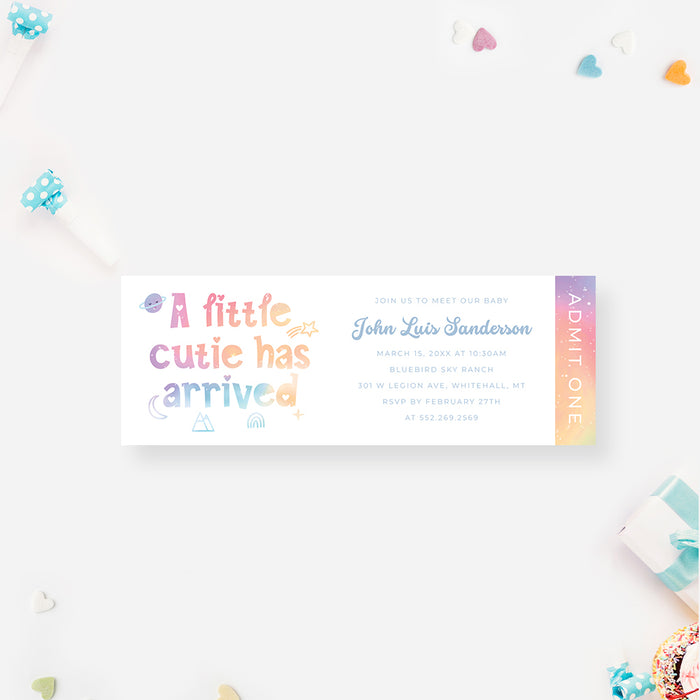Charming Ticket Invitation Party Card for Sip and See Celebration, Custom Baby Welcome Invites, Cute Ticket for A Little Cutie Has Arrived
