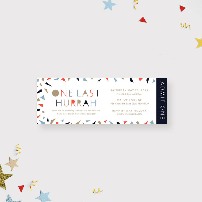 One Last Hurrah Ticket Card for Farewell Party, Goodbye Ticket Card, Going Away Party Invite with Colorful Confetti