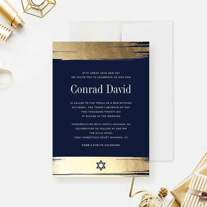 Elegant Blue and Gold Bar Bat Mitzvah Invitation Digital Template