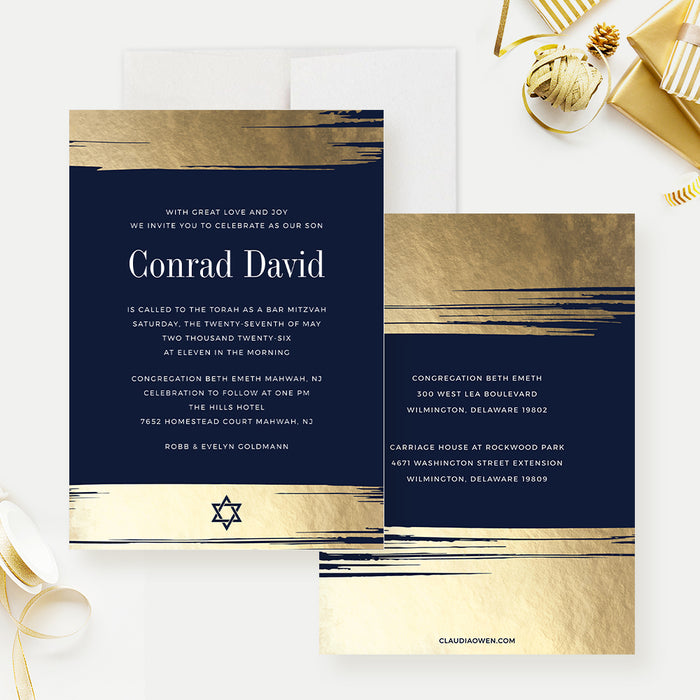 Elegant Blue and Gold Bar Bat Mitzvah Invitation Digital Template