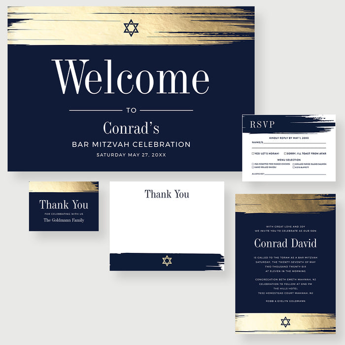 Elegant Coordinated Blue and Gold Event Stationery Set with Invitation, RSVP, Thank You Card,  Welcome Sign Digital Templates and More