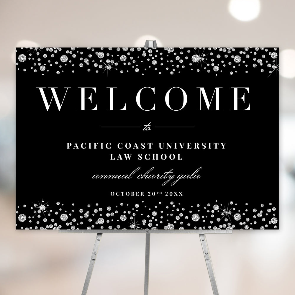 Sophisticated Black and White Welcome Sign Showcasing Diamonds, Formal
