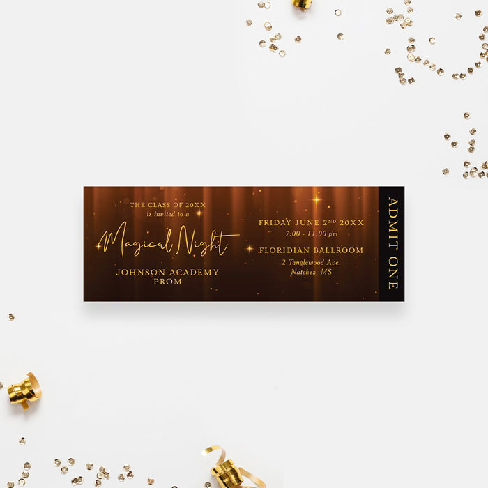 Classy Magical Night Prom Ticket Invitation Card, Elegant Black and Golden Sparkles Formal Prom Night Ticket Passes, Custom Invites for High School Prom Party