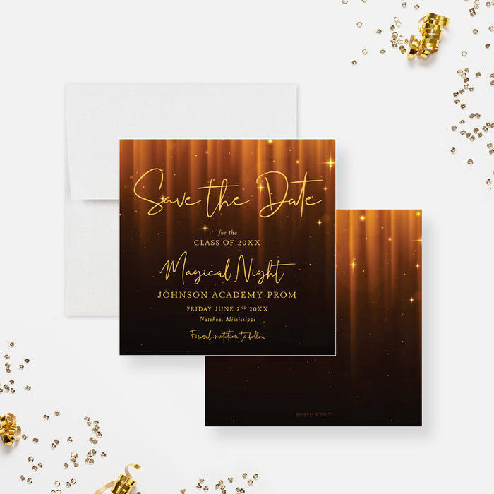 Classy Magical Night Prom Save the Date Card, Black and Gold Event Announcement Card, High School Prom Save the Dates