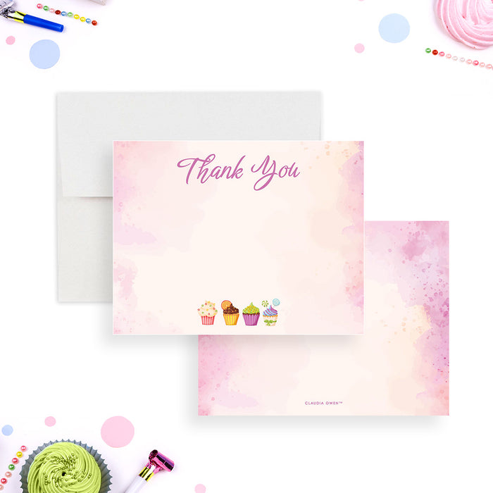 Sweetest Thanks in Blush Pink, Cupcake Thank You Cards for Birthday Parties, Cute Stationery Note Cards