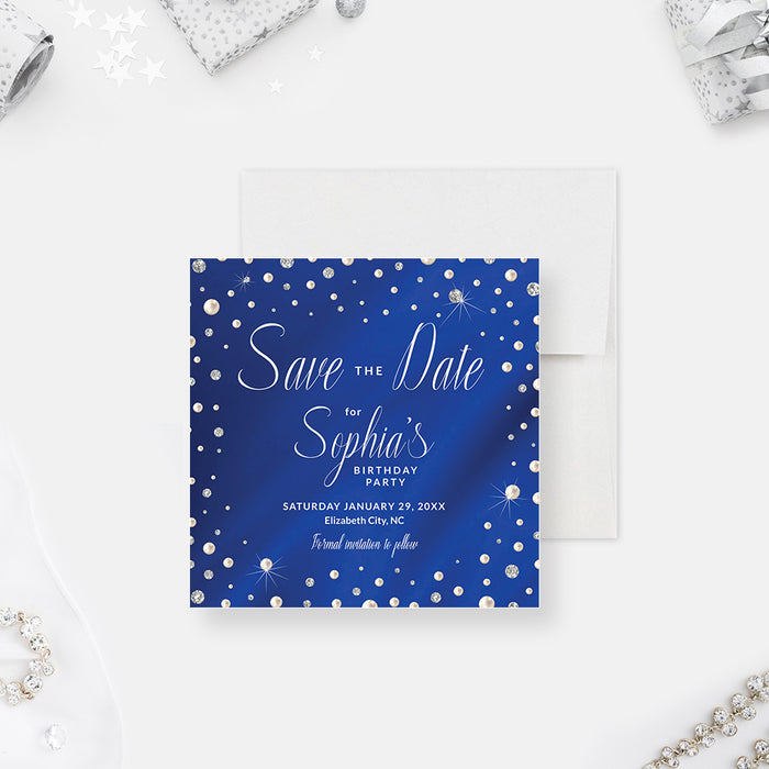 Diamonds and Pearls Save the Date Card for Birthday Party, Elegant Announcement Card for Anniversary Wedding Celebration