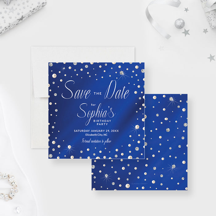 Diamonds and Pearls Save the Date Card for Birthday Party, Elegant Announcement Card for Anniversary Wedding Celebration
