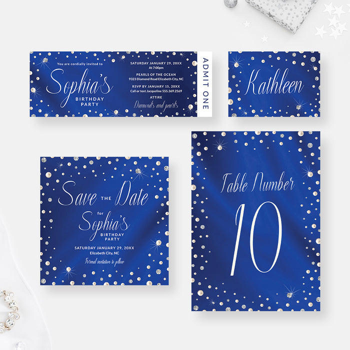 Diamonds and Pearls Invitation Card for Birthday Party, Elegant Royal Blue Invites for Corporate Celebration