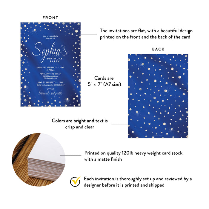 Diamonds and Pearls Invitation Card for Birthday Party, Elegant Royal Blue Invites for Corporate Celebration