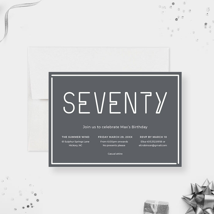 Celebrating 70 Years, Gray and White 70th Birthday Party Invitation Digital Template