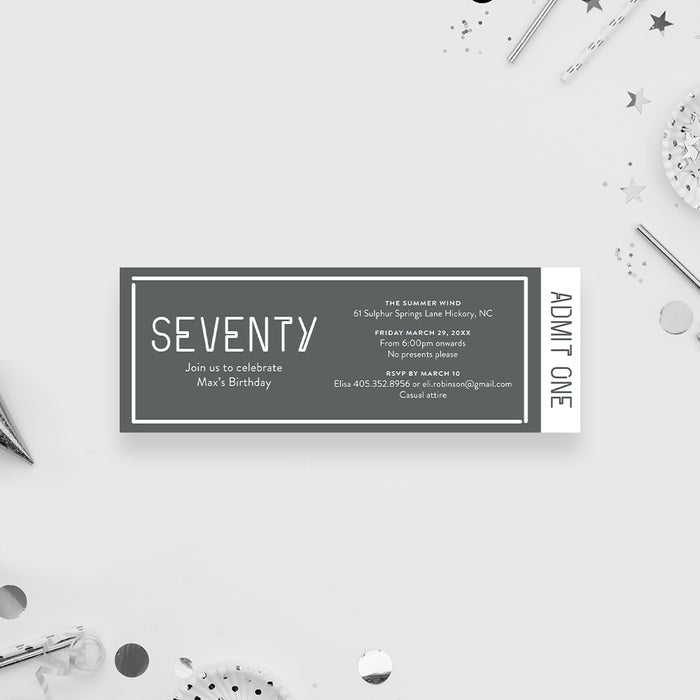 Gray and White Ticket Card for Birthday Party, Modern and Minimalistic Ticket Passes for 30th 40th 50th 60th 70th 80th 90th Milestone Celebration, Simple Ticket Invites for Men