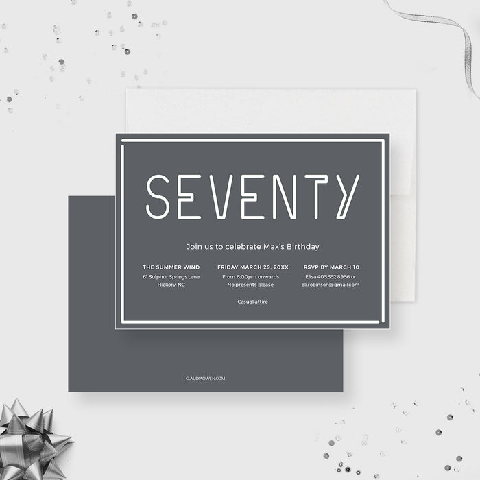 Celebrating 70 Years, Gray and White 70th Birthday Party Invitation Digital Template