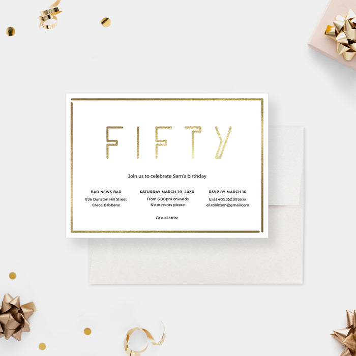 Fifty Birthday Party Invitation Editable Template, 50th Anniversary Invites, Fiftieth Anniversary Digital Download, Minimalist Design