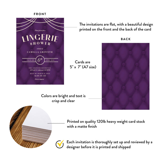 Lingerie Shower Invitation Card with Ivory Pearls and Tufted Purple Design, Elegant Wedding Bridal Shower Party Invites