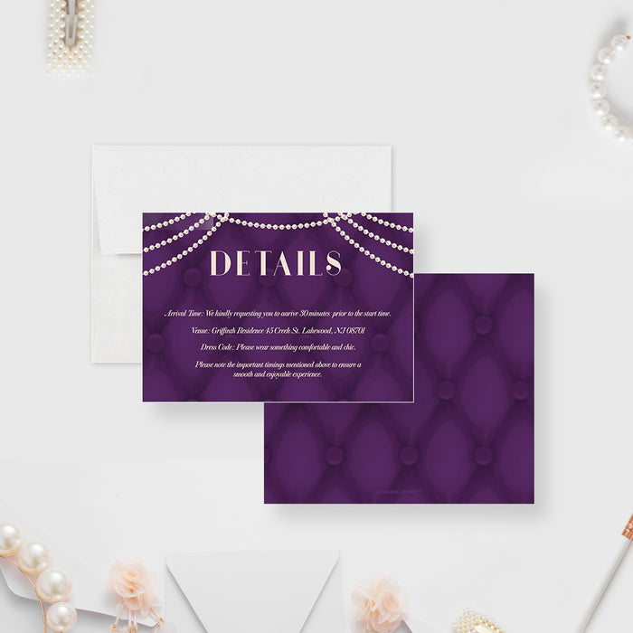 Lingerie Shower Invitation Card with Ivory Pearls and Tufted Purple Design, Elegant Wedding Bridal Shower Party Invites