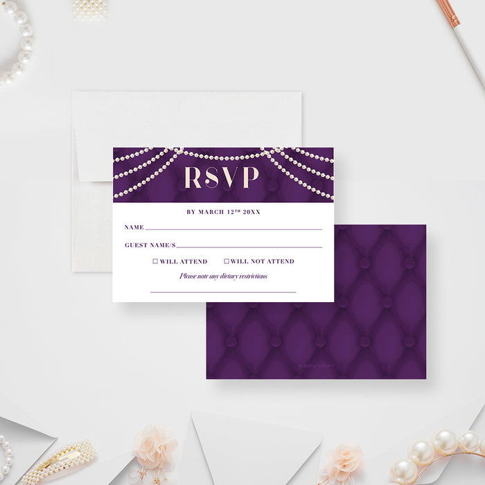 Lingerie Shower Invitation Card with Ivory Pearls and Tufted Purple Design, Elegant Wedding Bridal Shower Party Invites