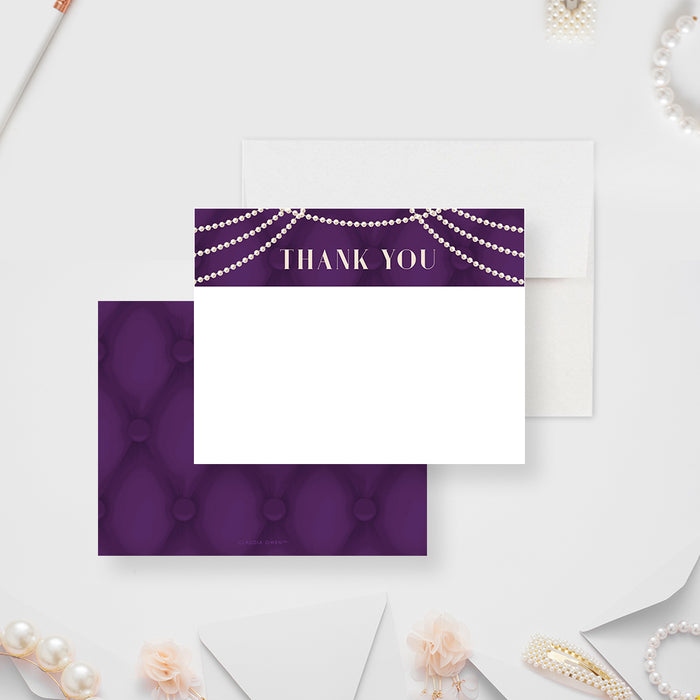 Purple Tufted Note Card with Pearls, Elegant Bridal Shower Thank You Note, Personalized Gift for Women, Pearl Thank You Cards with Envelopes