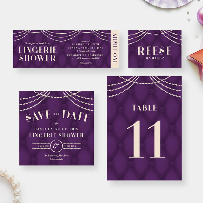 Lingerie Shower Invitation Card with Ivory Pearls and Tufted Purple Design, Elegant Wedding Bridal Shower Party Invites