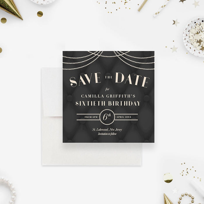 Birthday Party Save the Date Cards, Elegant Printed Reminder Card for 40th 50th 60th 70th 80th Anniversary Celebration with Black Tufted and Pearl Design