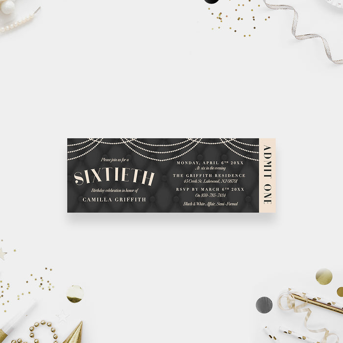 Birthday Party Ticket Invitation Card for 40th 50th 60th 70th 80th, Elegant Printed Ticket Passes Wedding Anniversary Celebration with Black Tufted and Pearl Design