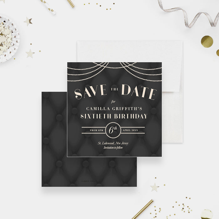 Birthday Party Save the Date Cards, Elegant Printed Reminder Card for 40th 50th 60th 70th 80th Anniversary Celebration with Black Tufted and Pearl Design