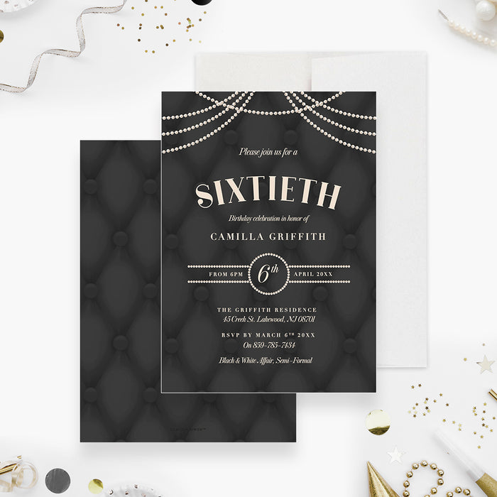 Sixtieth Birthday Party Invitation Card, Elegant Printed Invitation for 40th 50th 60th 70th 80th Milestone Celebration with Black Tufted and Pearl Design, Anniversary Invites