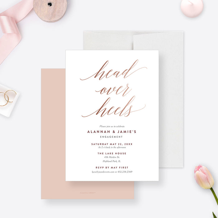 Head Over Heels Engagement Party Invitation Card, Romantic Wedding Anniversary Party Invites, Couples Bridal Shower Invites
