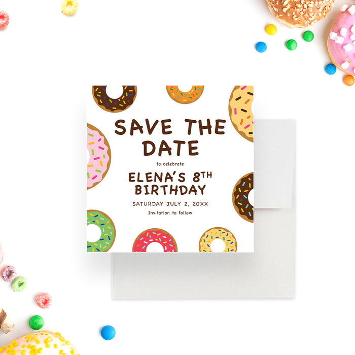 Sweet Donut Save the Date Card for Birthday Party, Donut Birthday Save the Dates for Kids, Donut Party Save the Date for 1st 2nd 3rd 4th 5th 6th 7th 8th Birthday Celebration