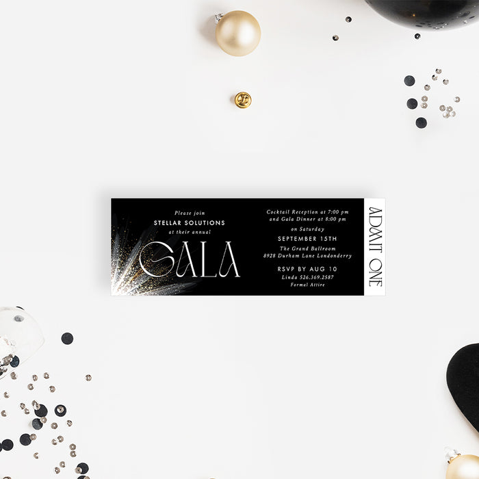 Elegant Ticket Card for Business Gala Party in Gold Silver and Black, VIP Pass Invitation