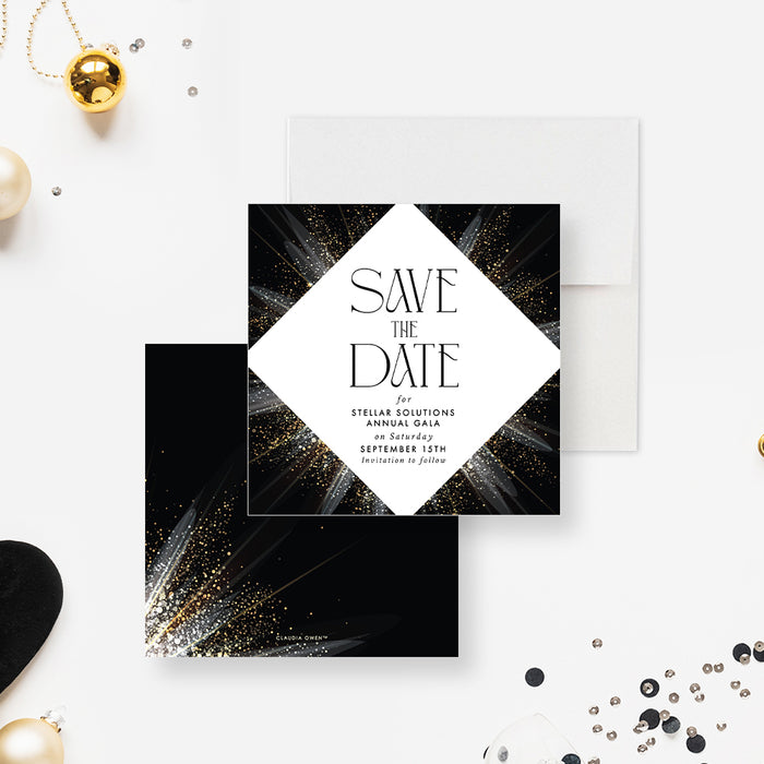 Elegant Save the Date Card for Annual Gala Party, Reminder Card for Business Event in Gold Silver and Black, Corporate Celebration Save the Dates Invites