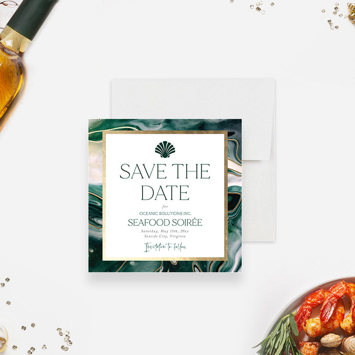 Elegant seafood soiree save the date card with featuring an enchanting design of a seashell with gold accents-front