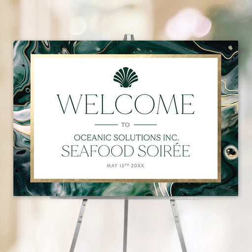 Elegant seafood soiree welcome sign featuring a green and gold marble design and a seashell icon