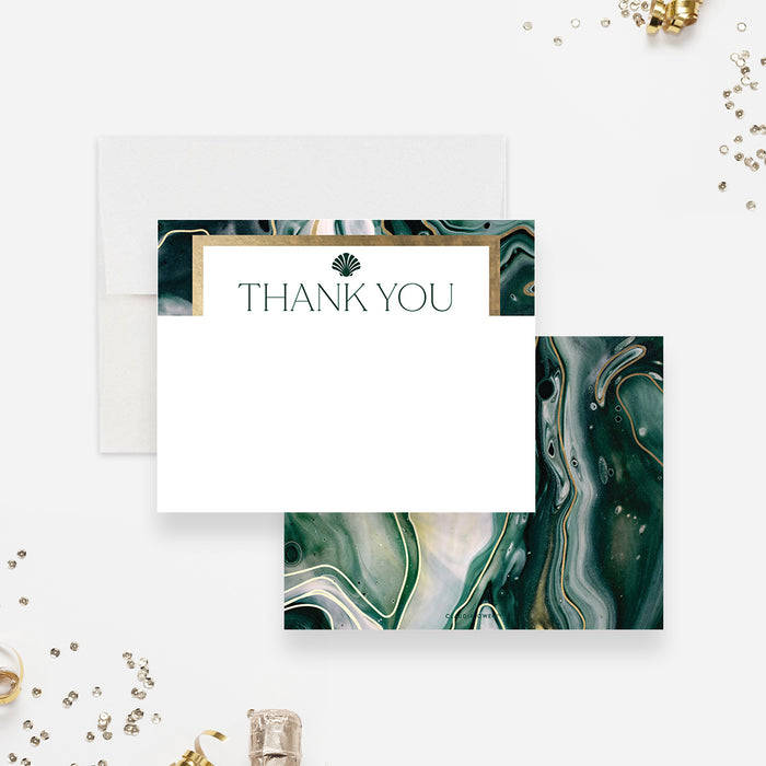 Elegant Note Card with Shell Art, Gold and Green Thank You Card for Seafood Party, Personalized Seafood Business Dinner Thank You Notes with Envelopes