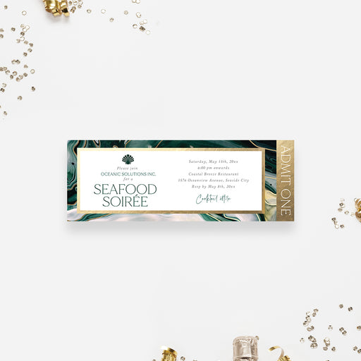 Elegant seafood soiree ticket invitation with seashell inspired design, perfect for an event party pass.