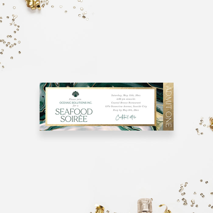 Elegant seafood soiree ticket invitation with seashell inspired design, perfect for an event party pass.