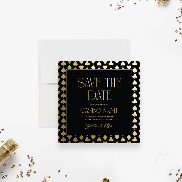 Elegant Annual Casino Night Save the Date Cards in Black and Gold, Las Vegas Save the Dates for Corporate Events